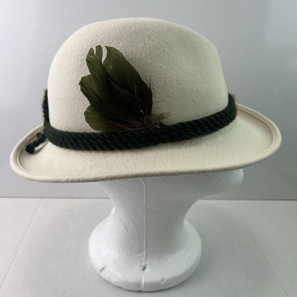 Vintage Authentic Austrian Woolfelt Cream Triple Green Braid Feather Women’s Hat - Picture 2 of 7
